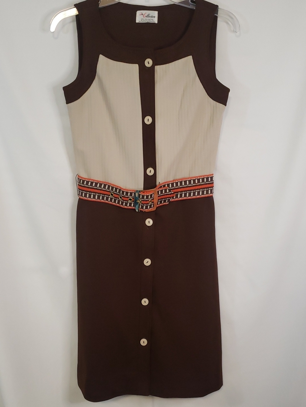 Vintage 1960/70s Colorblock Button- Front Sleeveless Dress with Patterned Belt
